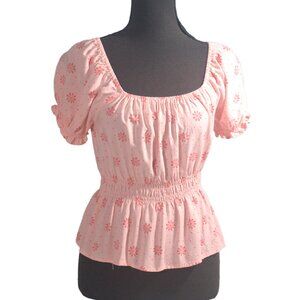 Freshman 1996 Pink Floral Puff Sleeve Smocked Waist Top Size Small